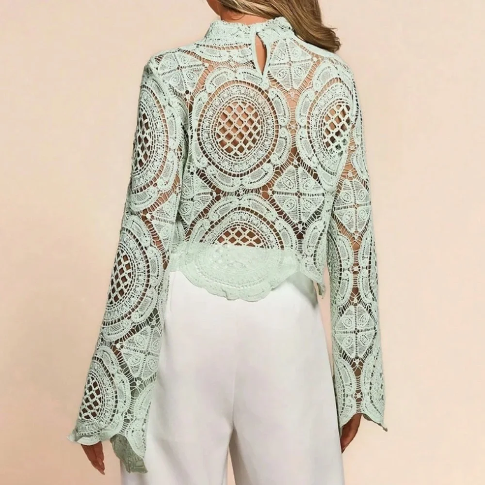 High Neck Floral Semi Sheer Flared Sleeve Cropped Top